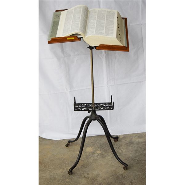 Vintage book stand, wrought iron and oak, from MSU Bozeman, sell with Webster's Dictionary