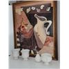 Image 2 : Framed Picture, 2 Crackle Glass Urn Vessels, Ceramic Pear with Metal Leaf