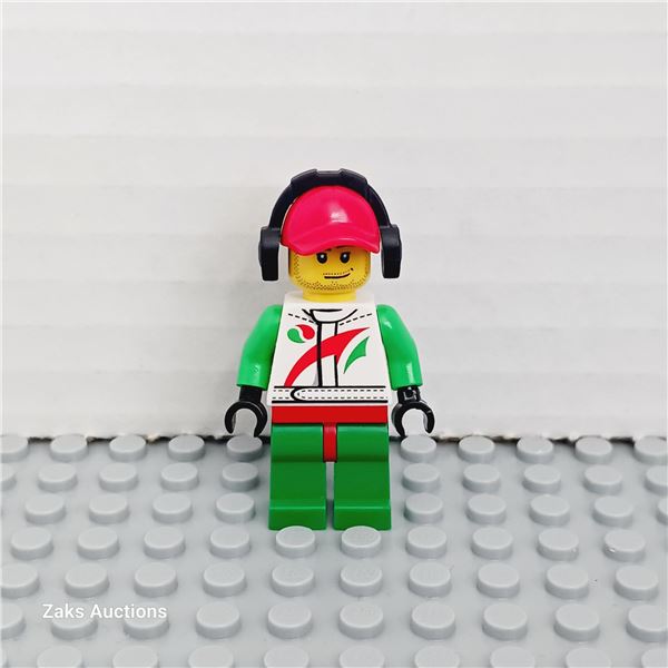 LEGO Race Car Mechanic, White Racing Suit with Octan Logo, Red Cap with Hole, Headphones, Smirk and 