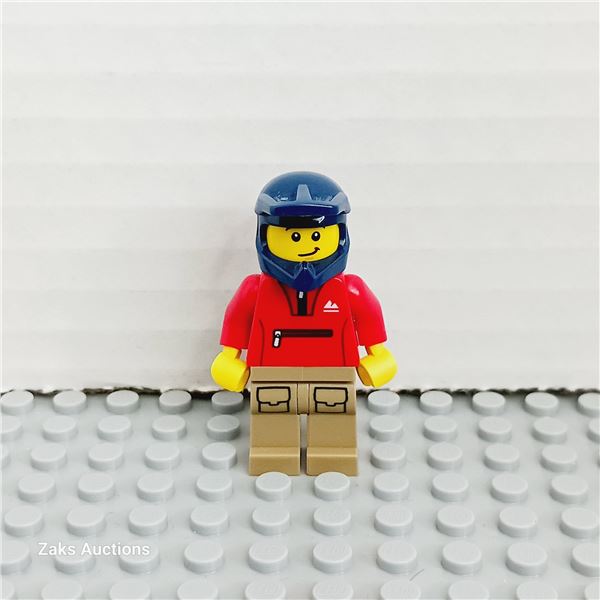 LEGO Mountain Bike Cyclist - Male, Red Tracksuit, Dark Tan Legs with Pockets, Dark Blue Dirt Bike He