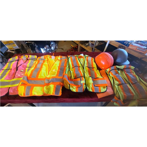 THREE NEW IVSEN HIGH VIS SAFETY VEASTS PLUS TWO HARD HATS AND A PAIR OF 48 TALL COVERALLS