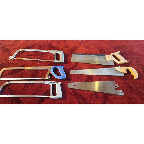 THREE HACK SAWS, TWO CARPENTERS SAWS AND ONE SAW BLADE