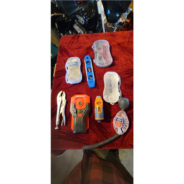 MISC TOOL, STUD FINDER, LEVEL, ANTI FREEZE TESTER, VISE GRIPS