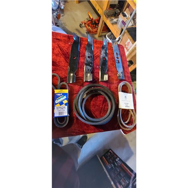 THREE LAWNMOWER BLADES AND DRIVE BELST