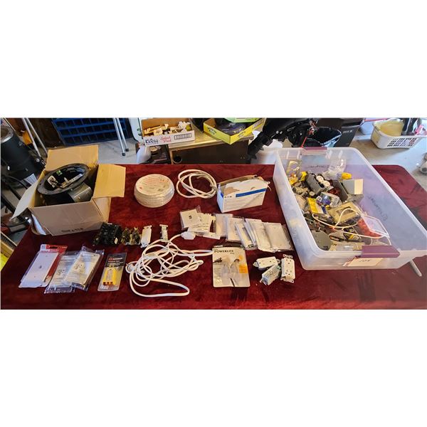TOTE OF ELECTRICAL MISC, BREAKERS, PLUGS, SWITCH COVERS AND MORE - PLEASE SEE IMAGES