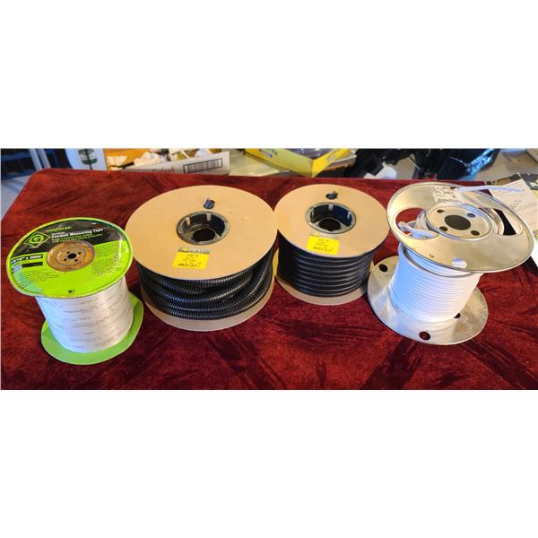 ONE PARTIAL ROLL OF 14-2 WIRE, ONE PARTIAL ROLL OF CONDUIT TAPE MEASURE AND TWO ROLLS OF WIRE LOOM