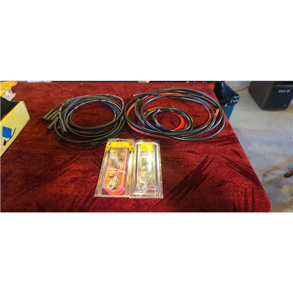 #4 BATTERY CABLES: BLACK, RED, SPARK PLUG WIRES, NEW BATTERY CABLES - ONE RED ONE BLACK