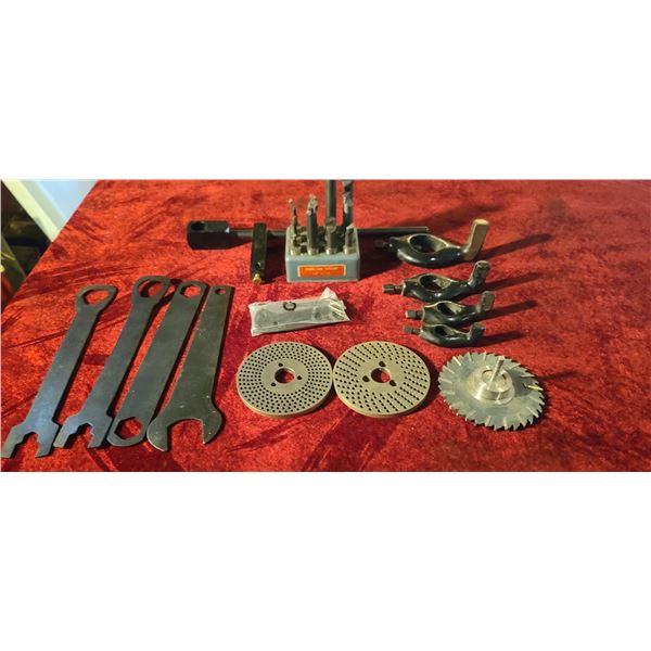 SLITTING SAW, FOUR DOG BONES, BORING BARS, TRAPANING TOOL, AND LATHE WRENCHES