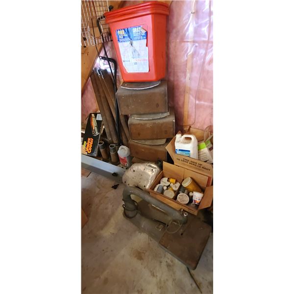 CONTENTS UNDER STAIRS - ROLLER JIGS, VEHICLE STANDS, ANTIQUE SCROLL SAW, AND BOX OF MISC