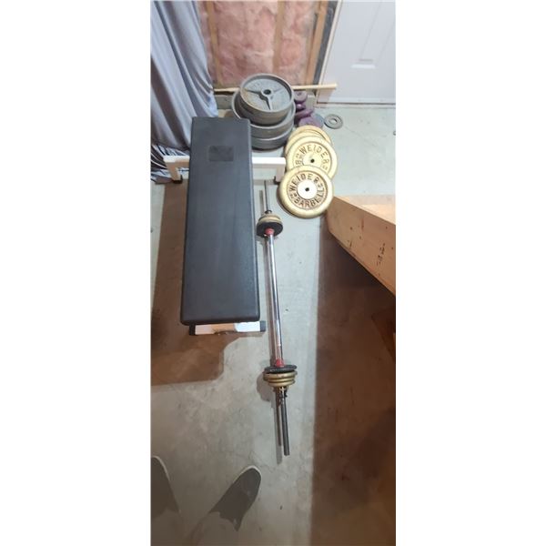 WEIGHT BENCH, BAR AND WEIGHTS. FOUR 45STANDARD TWO 35STANDAR TWO 25KG TWO 15KG TWO 5LBS FOUR 1.5KG A