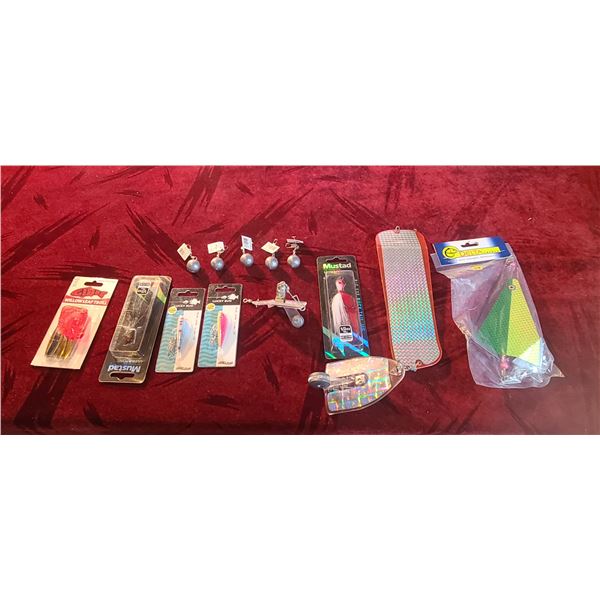 ASSORTED FISHING LURES, WEIGHTS AND FLASHERS