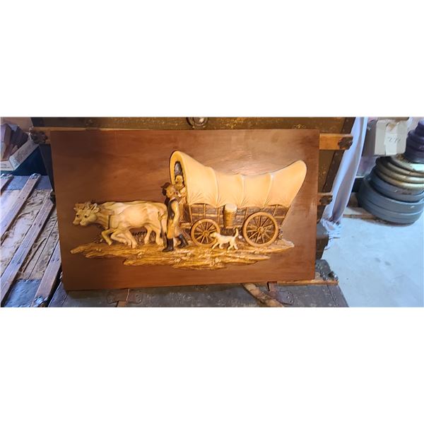 GIROTTI PIONEER COMEMORATIVE WOOD SULPTURE 30 X 18"