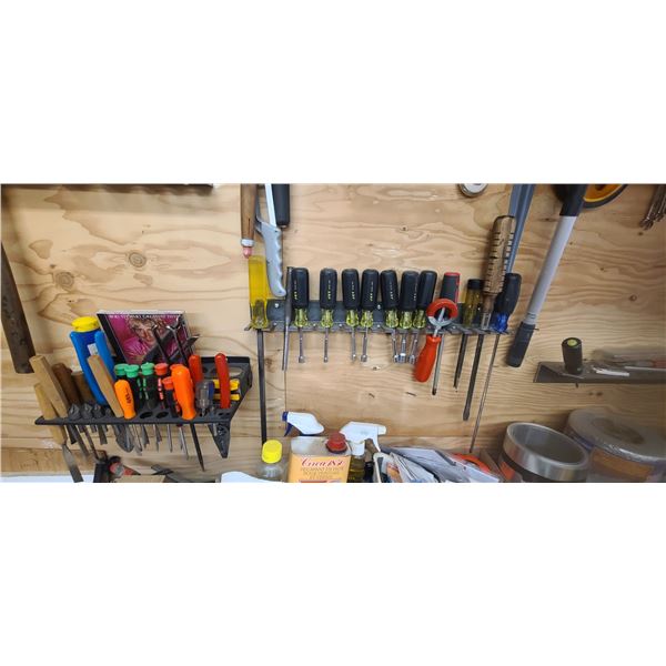 TWO TRACKS OF NUT DRIVERS, SCREW DRIVERS WITH MISC WALL ITEMS