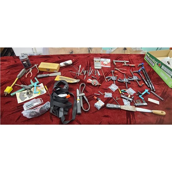 FLAT OF MISC HOOK BARS, BITS, SMALL CLAMPS, STRAP WRENCHES