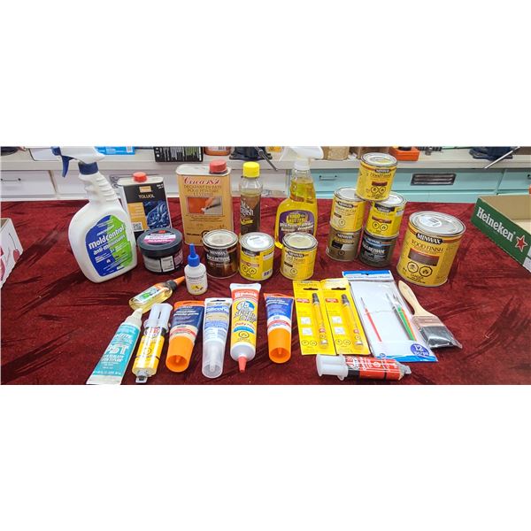 PAINT REMOVER, CLEANER, SMALL TINS OF PAINTS/STAIN, WOOD FILLER, JB PLASTIC WELD