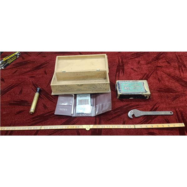 THE ATLAS HAIR CLIPPER, BRASS SHAXER, CROMA WRENCH 18-27 AND WIZARD CALCULATING MACHINE, AND PUMP