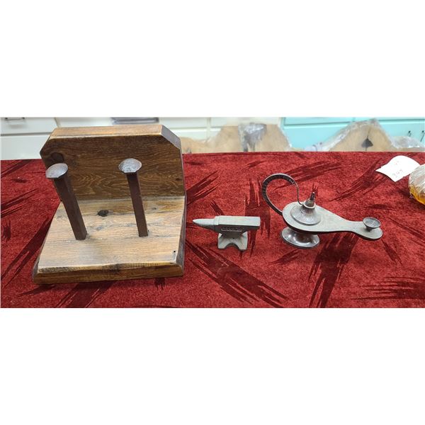 LAMP, MINI ANVIL AND RAIL ROAD SPIKE COAT RACK