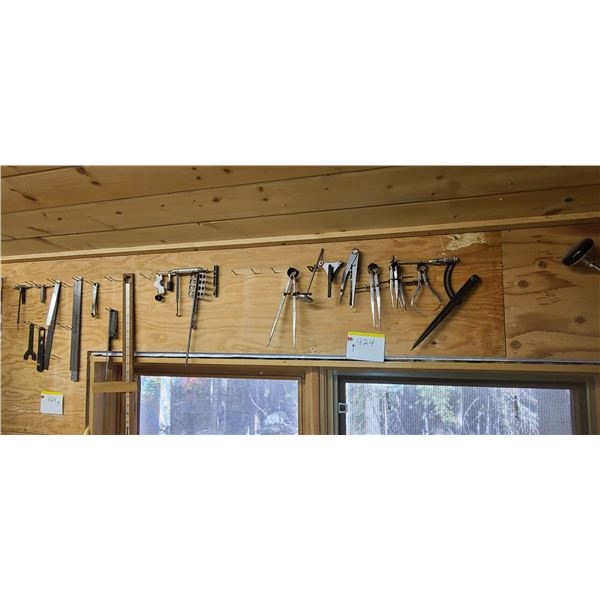 SHAFT TRUING JIG AND MISC MEASURING TOOLS/CALIPERS ON WALL