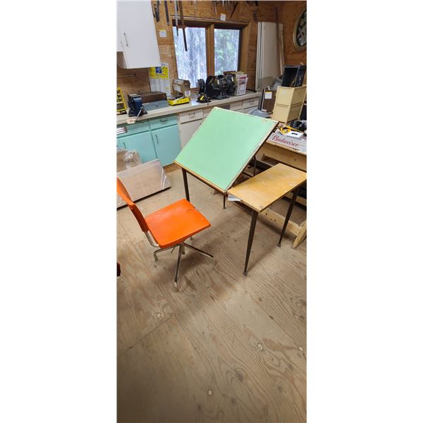 TWO SAW HORSES, DRAFTING BENCH, AND CHAIR