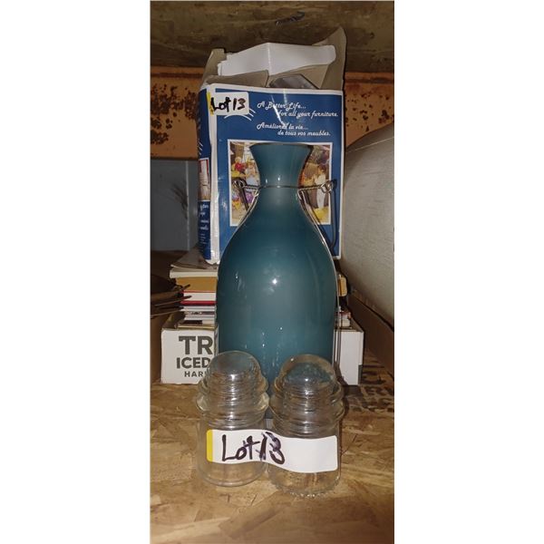 BLUE CANDLE VASE, LEATHER CLEANER KIT, ANTIQUE INSULATORS