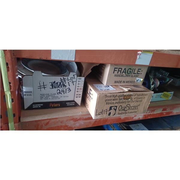 4 BOXES OF BLOWN GLASSWARE, DISHWARE AND RAYVAC HEARING AID BATTERIES