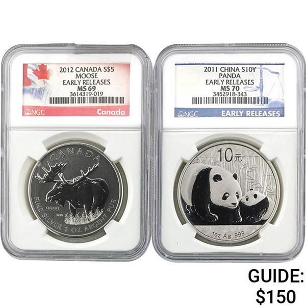 2012 Can Moose NGC MS69/2011 Panda MS70 1oz Sil