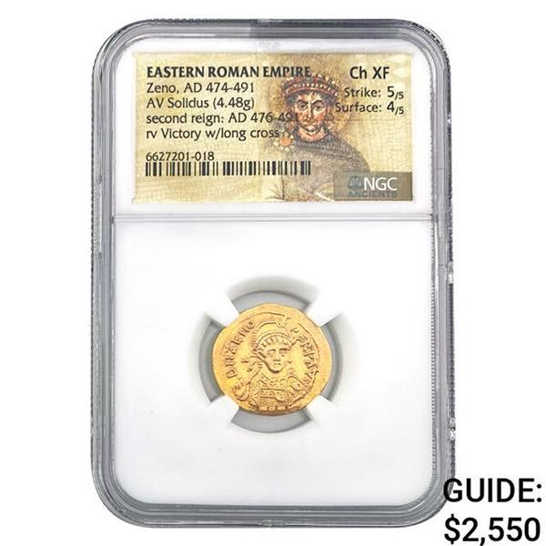 East Roman Zeno, AD 474-491 Gold Solidus NGC Ch XF