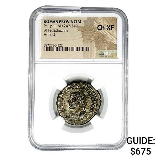 247-249 AD Roman Antioch Silver Tetradrachm Philip II NGC Ch XF