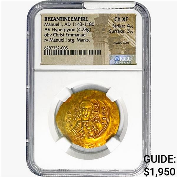 Byzantine Manuel I, AD 1143-1180 AV Hyperpyron NGC Ch XF