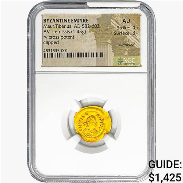 Byzantine Maur.Tiberius, AD 582-602 AV Tremissis NGC AU