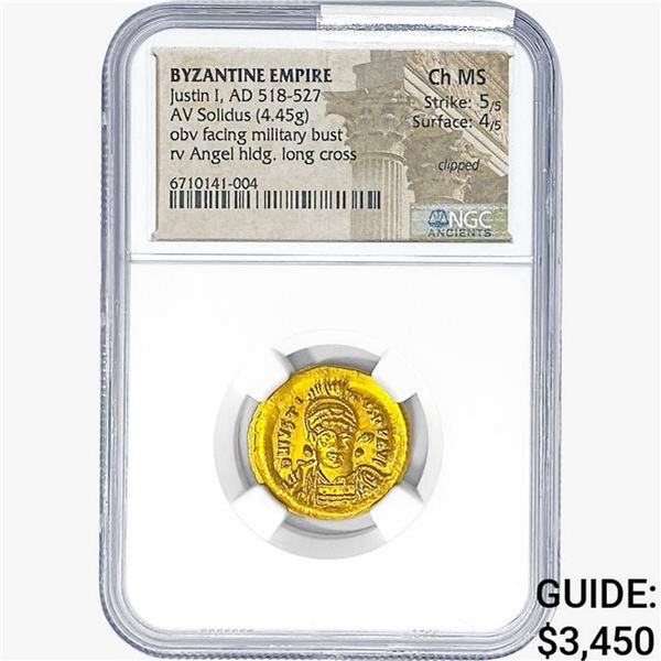 Byzantine Justin I 518-527 Gold Solidus NGC Ch MS