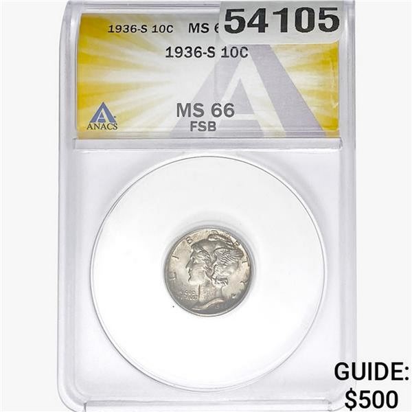 1936-S Mercury Silver Dime ANACS MS66 FSB