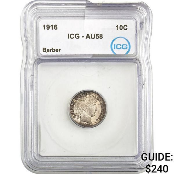 1916 Barber Dime ICG AU58