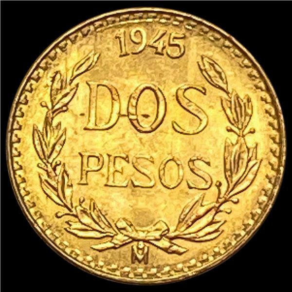 1945 Mexico 2 Pesos Gold Coin GEM BU