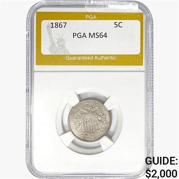 1867 No Rays Shield Nickel PGA MS64