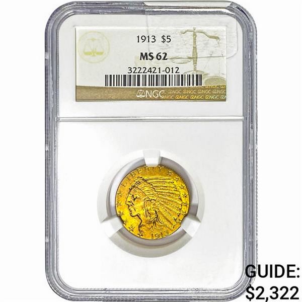 1913 $5 Gold Half Eagle NGC MS62