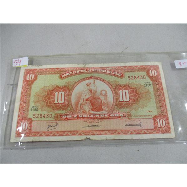 BANK OF PERU 10 SOLE DE ORO CURRANCY BANK NOTE