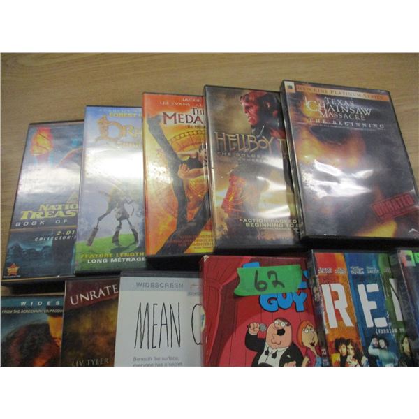 BOX C/W DVD'S, STAPLER, STAPLES, ETC