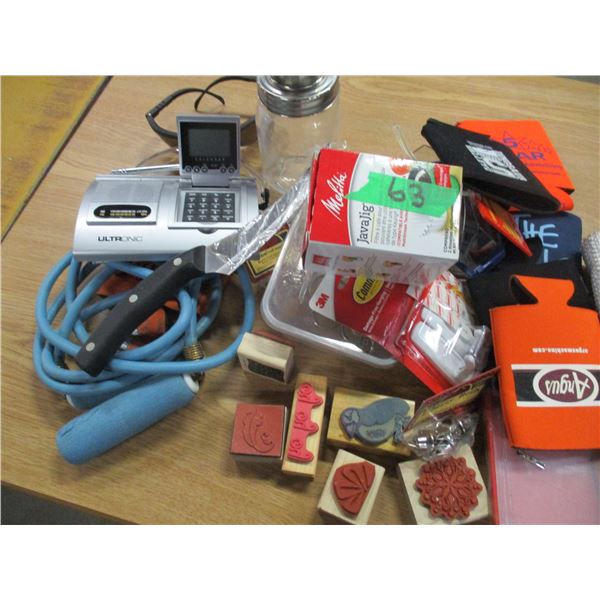 BOX C/W CORDS, STAMPS, MISC