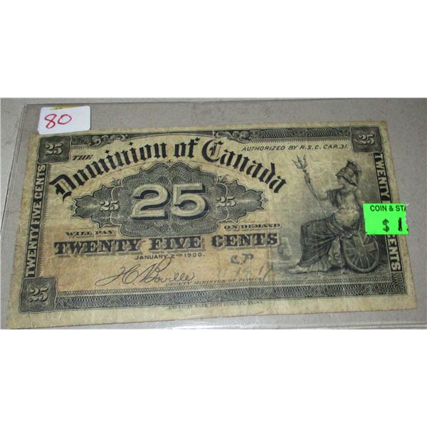 1900 DOMINION OF CANADA 25 CENT SHIN PLASTER
