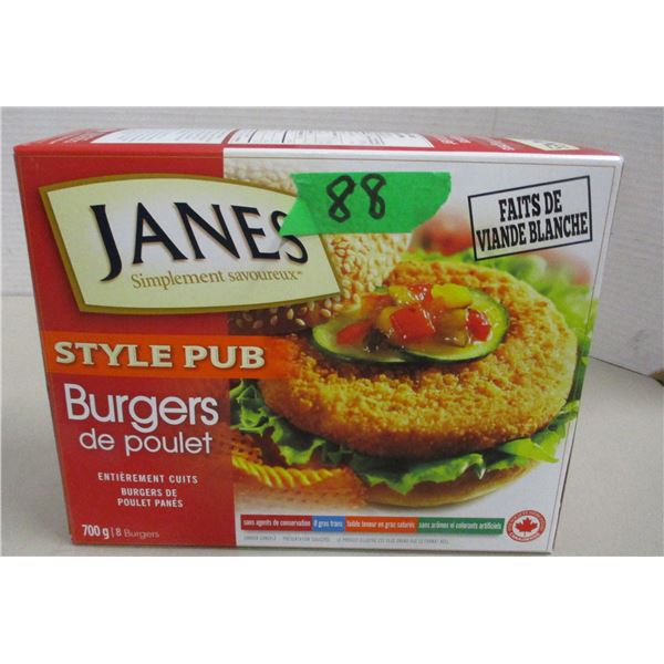 FROZEN:  JANES FULLY COOKED CHICKEN BURGERS (8 BURGERS/700G) - BOX