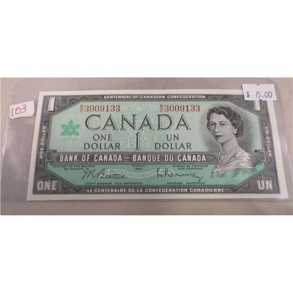 1867 - 1967 CRISP UNCIRCULATED CENTENNIAL POKER HAND SERIAL NUMBER CANADA $1 BILL