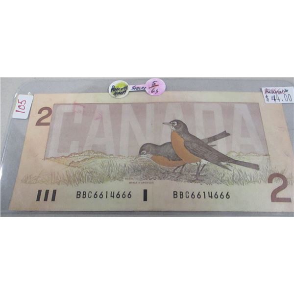 1986 CANADA BIRD SERIES POKER HAND SERIAL NUMBER $2 BILL