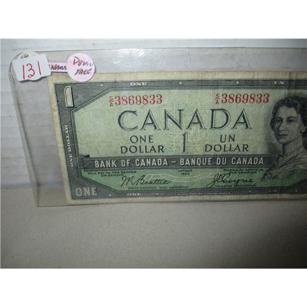 1954 DEVILS FACE CANADA $1 DOLLAR BILL (POKER HAND SERIAL NUMBER)
