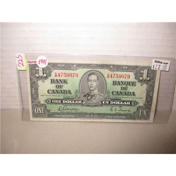 1937 BANK OF CANADA KING GEORGE VI LEGAL TENDER $1 BILL