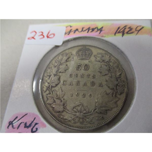1929 KING GEORGE V CANADA SILVER HALF DOLLAR