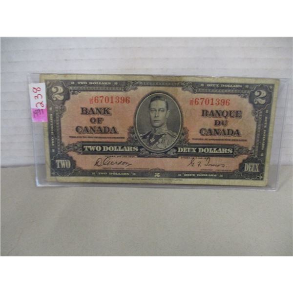 1937 BANK OF CANADA KING GEORGE VI LEGAL TENDER $2 BILL