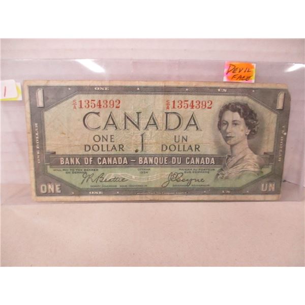 1954 DEVILS FACE BANK OF CANADA LEGAL TENDER $1 BILL