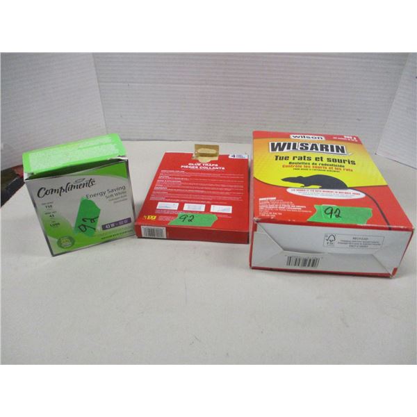 ESTATE:  3 BOXES C/W MOUSE POISON, MICE STRIPS, LITE BULBS