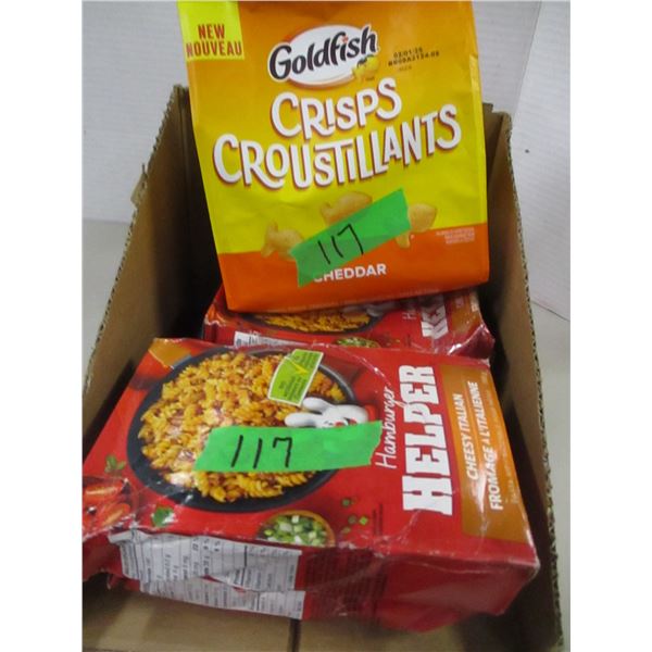 FREIGHT DAMAGE (AS IS):  HAMBURGER HELPER (4 BOXES) & GOLDFISH CRISPS (1 BOX)